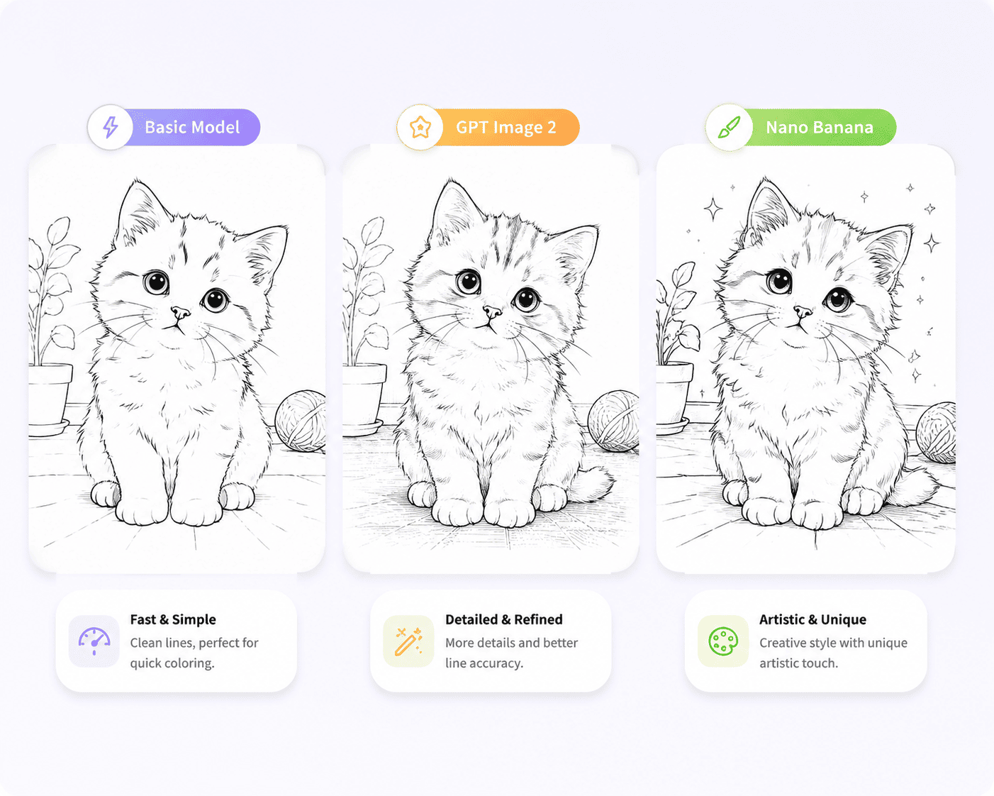 Multiple AI models for coloring page generation